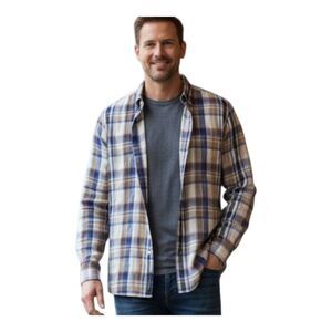 100% Linen Preppy Button-Down Cremieux Collection Blue Plaid Men's size L